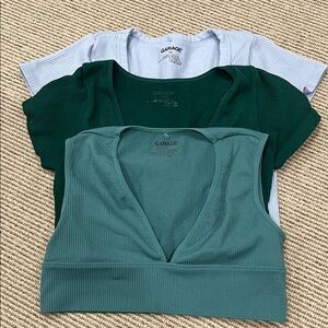 Garage Women's Seamless Ribbed V-Neck Crop Tops - Teal, Dark Green, Light Blue